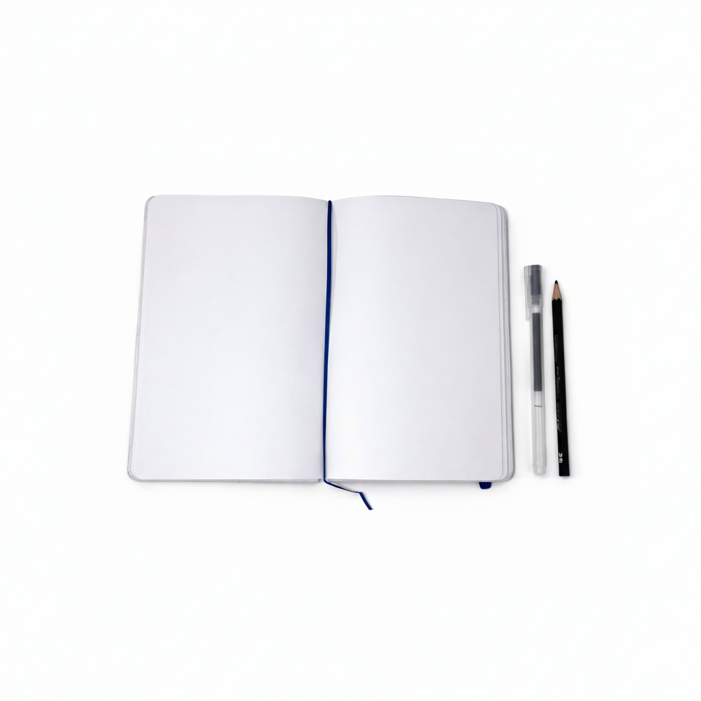 Open notebook with a pen and pencil on a white background